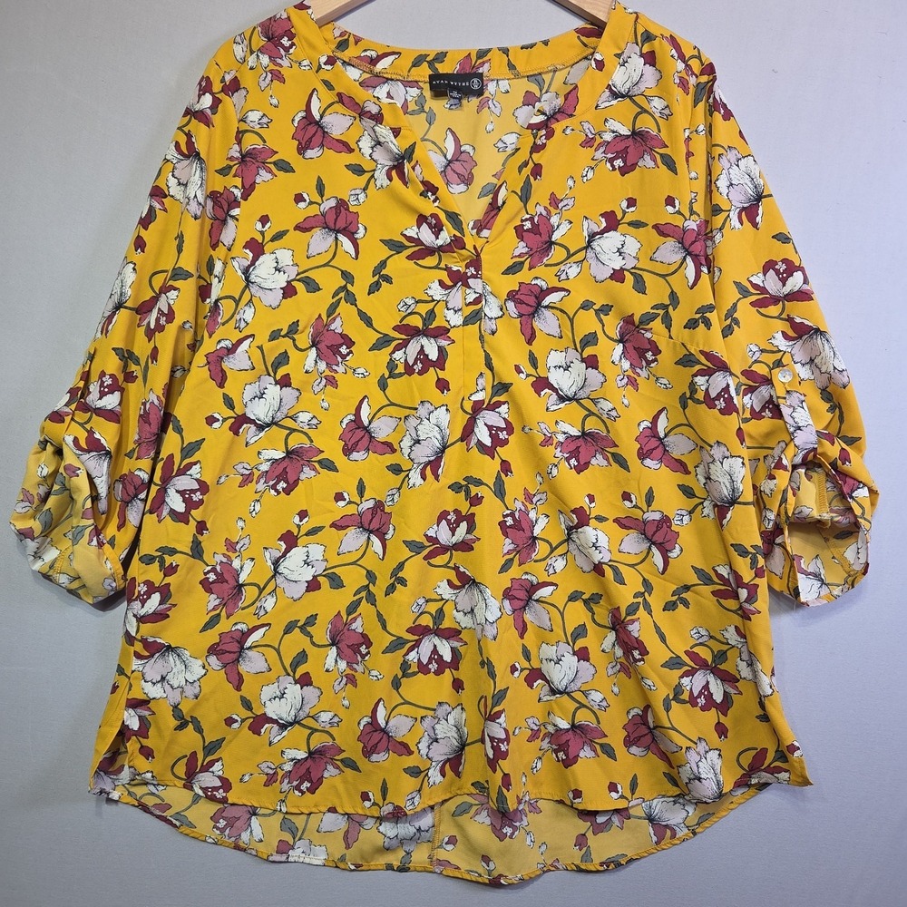 Ryan Wythe Womens 1X Yellow Floral Blouse 3/4 Roll Tab Sleeve V-Neck Made USA Pl